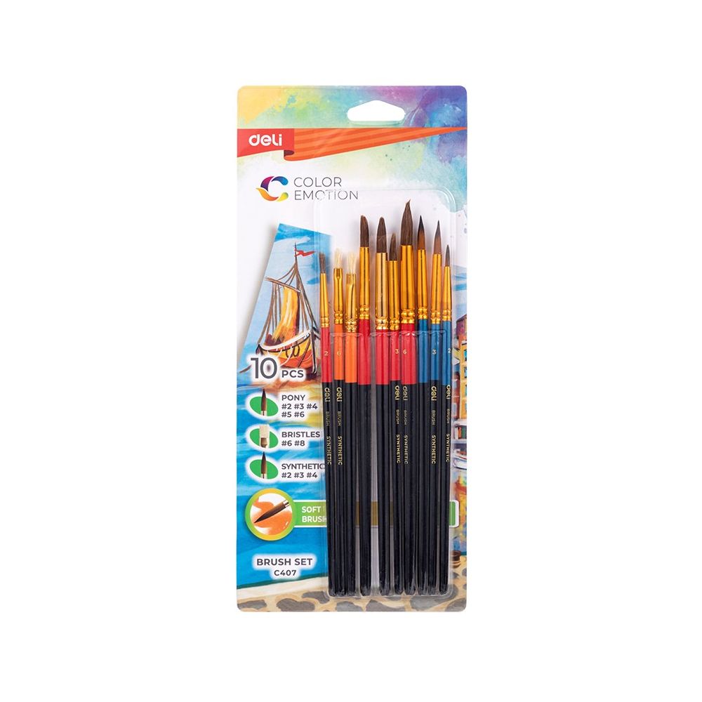 Комплект четки за рисуване Deli Color Emotion EC407, обли/плоски, естествен/изкуствен косъм, 10 бр.