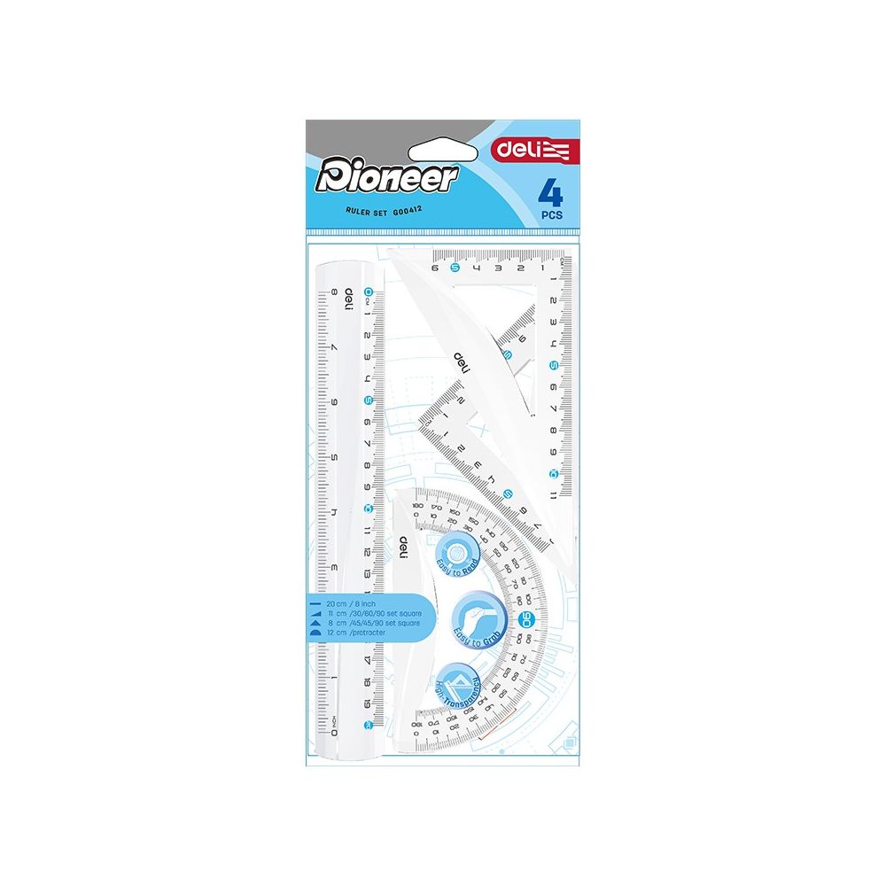 Комплект Deli Pioneer EG00412, линия 20 см, 2 триъгълника и транспортир