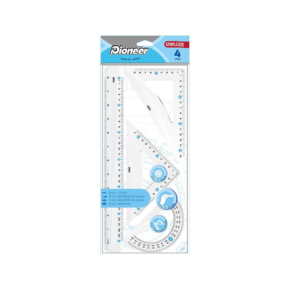 Комплект Deli Pioneer EG00512, линия 30 см, 2 триъгълника и транспортир