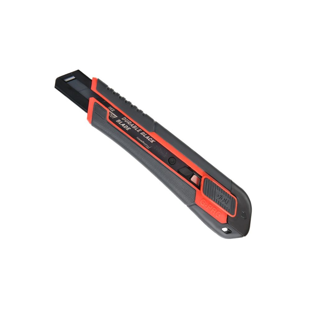 Макетен нож Deli TOOLS, EDL018G, SK2, черно острие 18 мм, грип зона, мет. водач, заключване червен