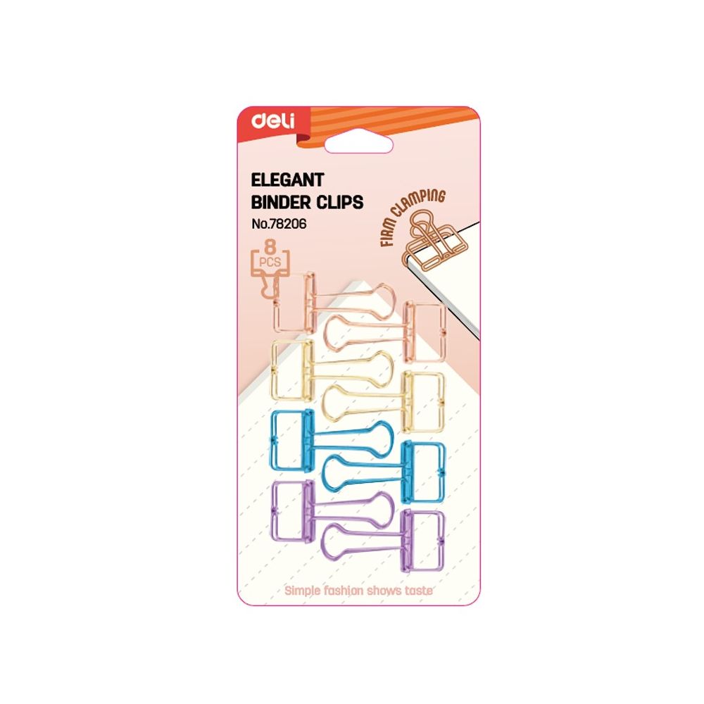 Метални щипки Deli E78206, 19 мм, металически 4 цвята, блистер 8 бр.