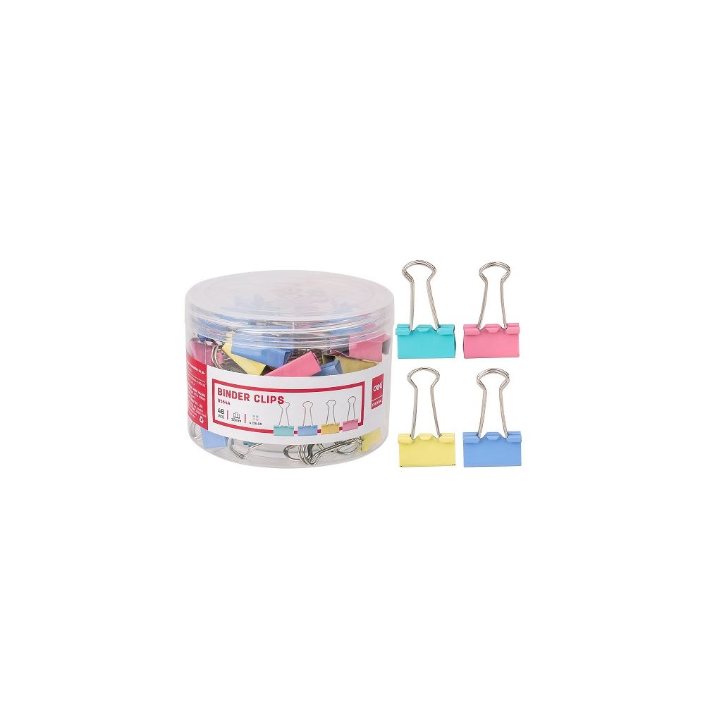 Метални щипки Deli Essential, 25 мм, E8554A, цветни, бурканче 48 бр. Метални щипки Deli Essential, 25 мм, E8554A, цветни, бурканче 48 бр.