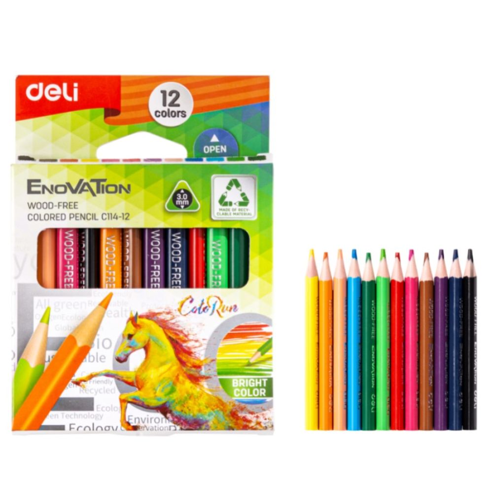 Мини цветни моливи Deli Enovation EC114-12, триъгълно тяло, 12 цвята