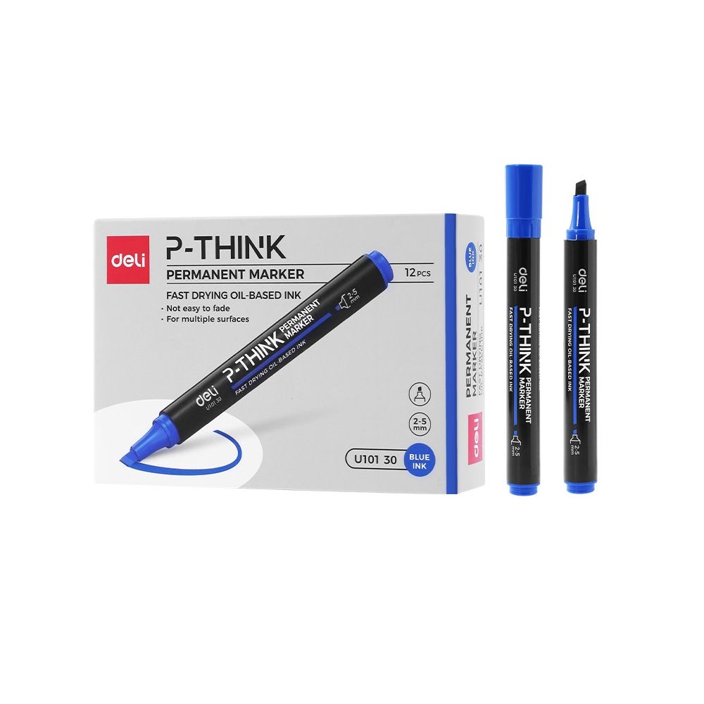 Перманентен маркер Deli P-THINK EU10130, скосен връх 1.5-5 мм, син Перманентен маркер Deli P-THINK EU10130, скосен връх 1.5-5 мм, син