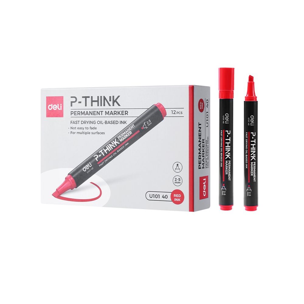 Перманентен маркер Deli P-THINK EU10140, скосен връх 1.5-5 мм, червен Перманентен маркер Deli P-THINK EU10140, скосен връх 1.5-5 мм, червен
