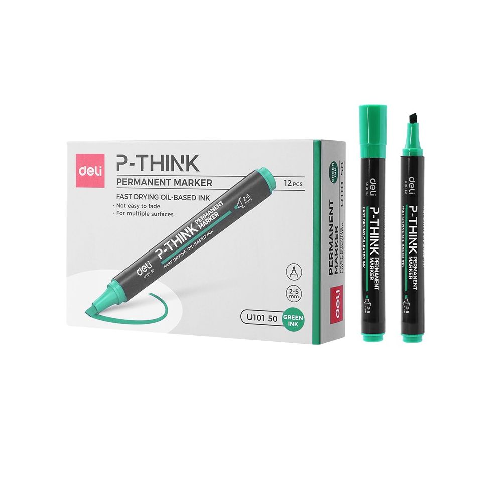 Перманентен маркер Deli P-THINK EU10150, скосен връх 1.5-5 мм, зелен Перманентен маркер Deli P-THINK EU10150, скосен връх 1.5-5 мм, зелен