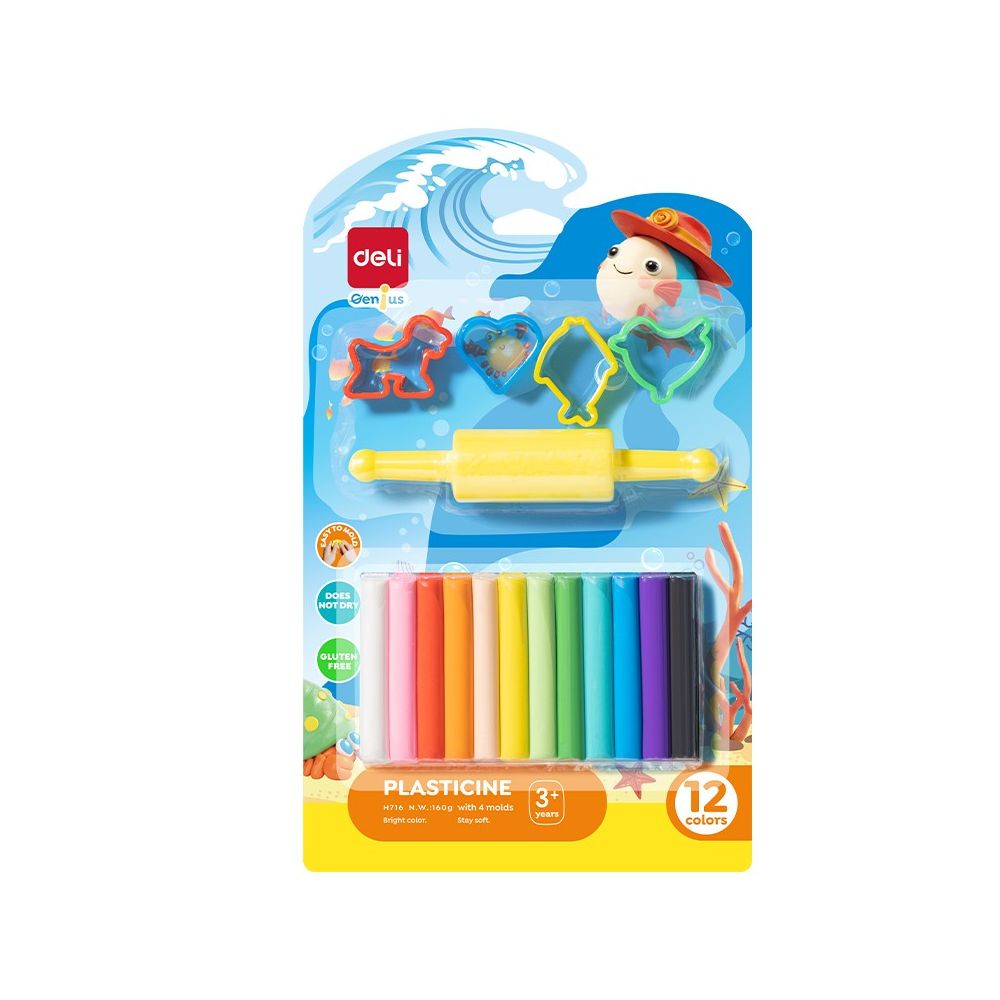Пластилин Deli Genius EH716, с аксесоари, 160 г, 12 цвята