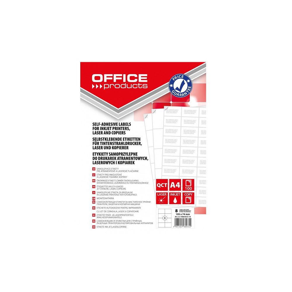 Самозалепващи етикети OFFICE PRODUCTS Laser/Copier/Inkjet, бели, А4, 105х74 мм, 8 бр./л., 100 л.