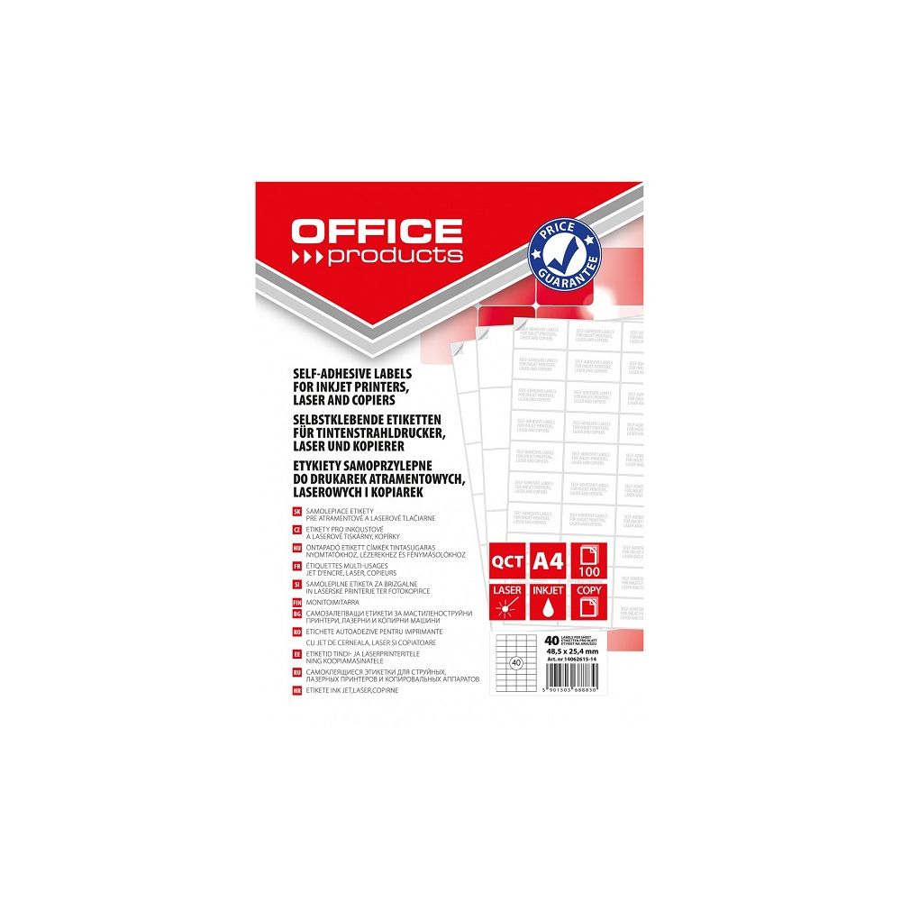 Самозалепващи етикети OFFICE PRODUCTS Laser/Copier/Inkjet, бели, А4, 48.5х25.4 мм, 40 бр./л., 100 л.