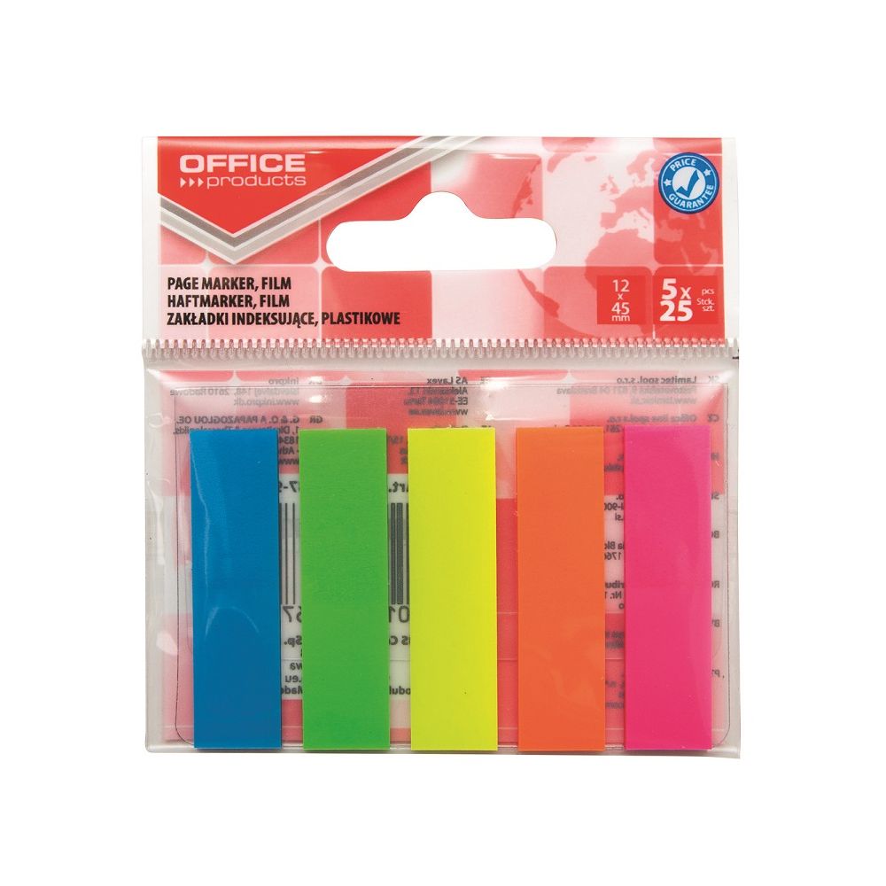 Самозалепващи индекси OFFICE PRODUCTS, PP, 12х45 мм, 5х25 л., микс, неонови