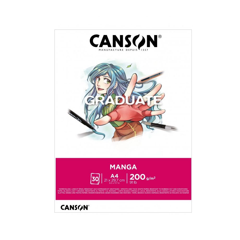 Блок за манга CANSON Graduate Manga, за тънкописци, маркери и акварел, A4,200 г/м²,гладка повърхност