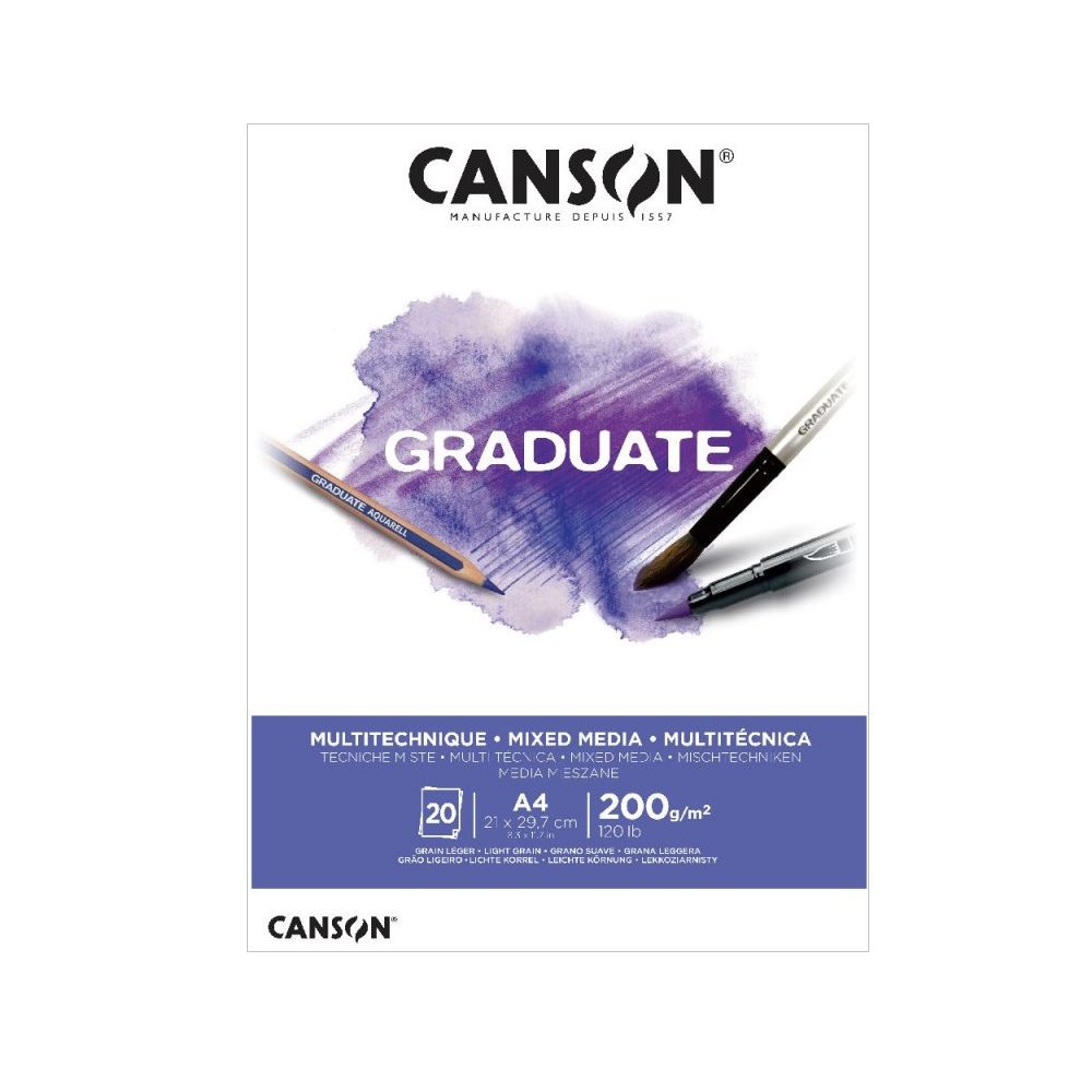 Блок за смесени техники CANSON Graduate Mixed Media, A4, 200 г/м², лека текстура, 20 л.