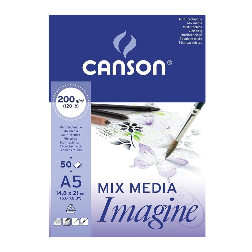 Скицник CANSON Mixed Media Imagine, за мокри и сухи техники, A5, 200 г/кв.м, light grain, 50 л.
