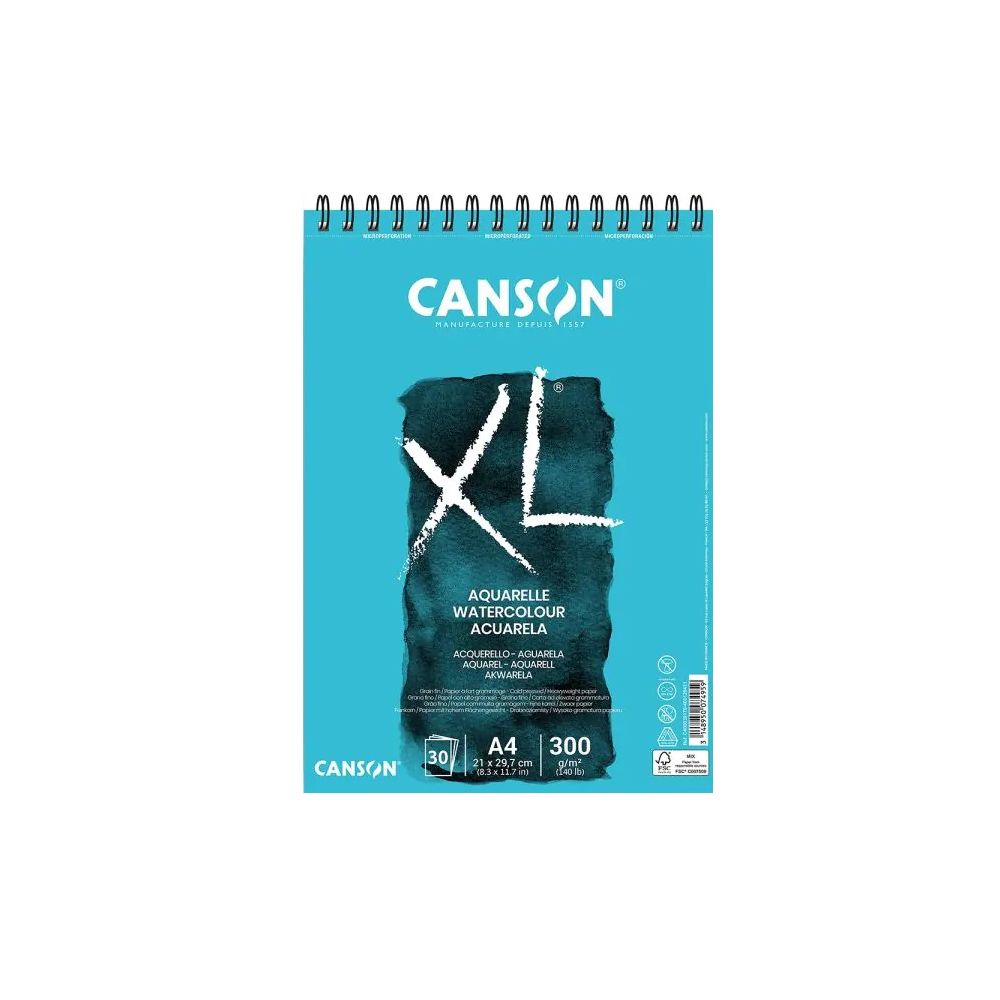 Блок със спирала за акварел CANSON XL Aquarelle, A4, 300 г/м², студено пресована хартия, 30 л.