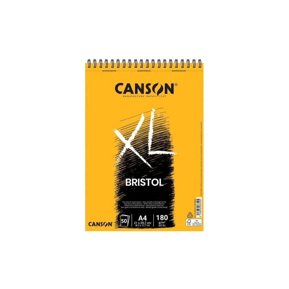 Скицник със спирала CANSON XL Bristol, за молив, мастило, маркери, A4, 180 г/кв.м,много гладка, 50 л