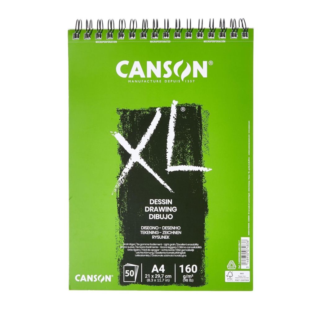 Скицник със спирала CANSON XL Dessin, за сухи техники, A4, 160 г/кв.м, лека текстура, 50 л.