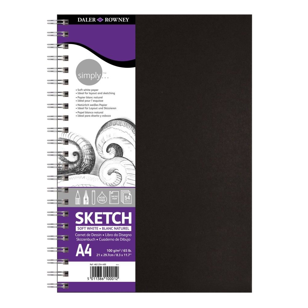 Скечбук със спирала за сухи техники DALER-ROWNEY Simply Soft, А4, 100 г/кв.м, твърди корици, 54 л.