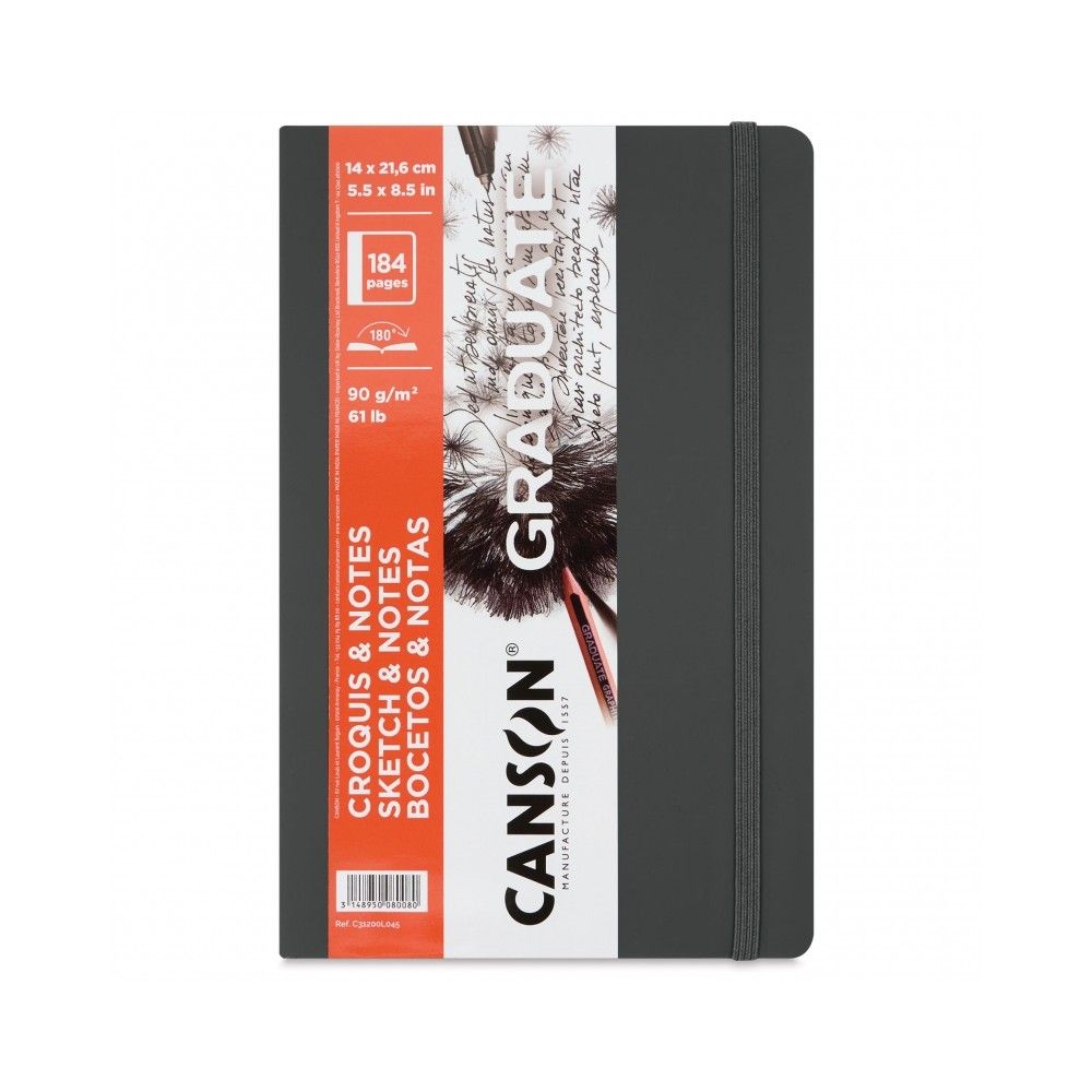 Скечбук CANSON GRADUATE Croquis&Notes, с ластик, 140х216 мм, 90 г/кв.м, 92 л., тъмносив